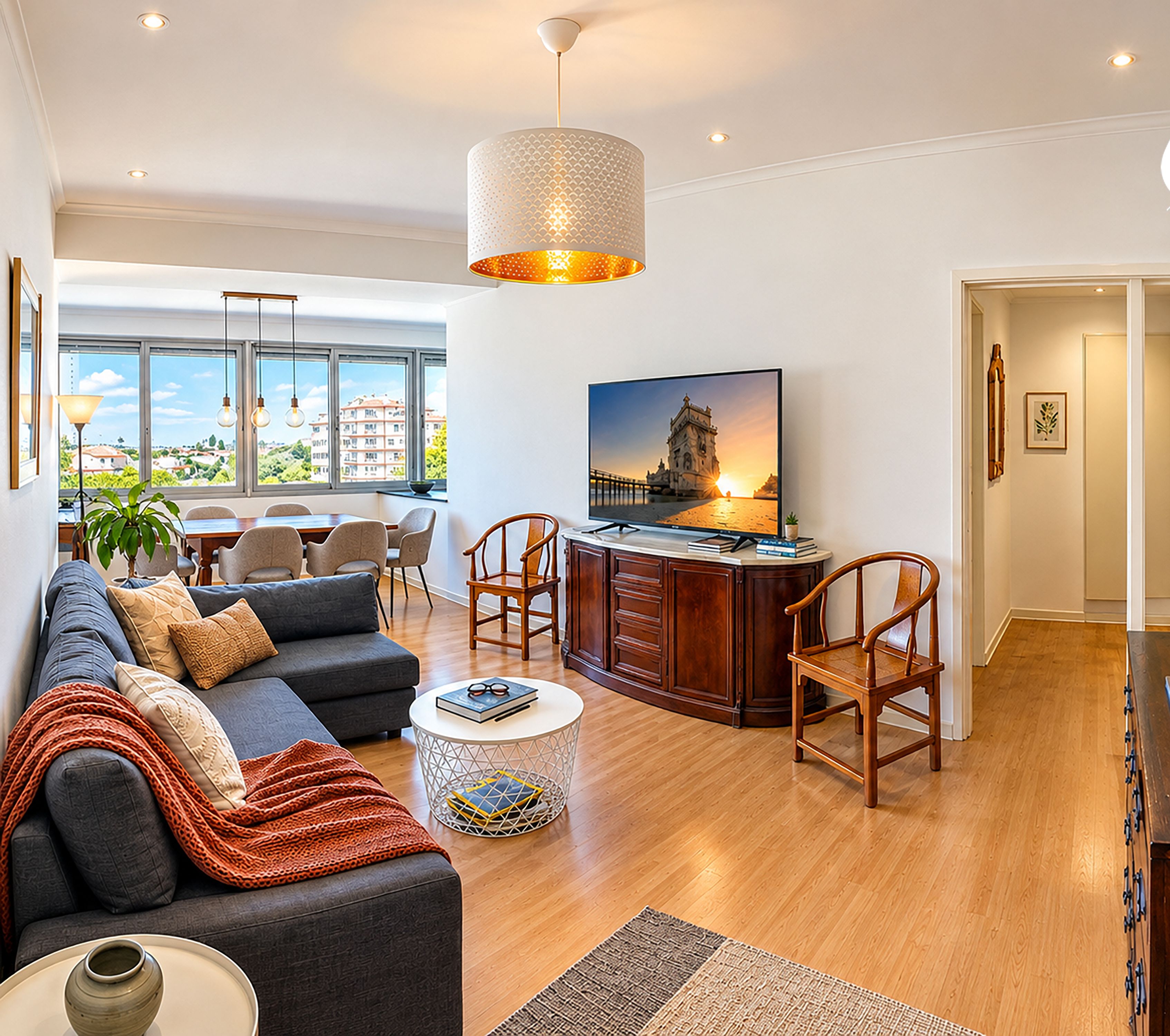 With an atmospheric lighting in the dining room, entertaining friends and family
