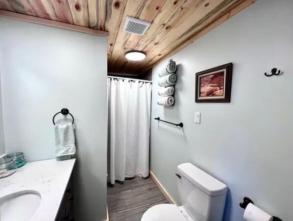 A bathroom with a toilet, sink, and shower curtain. - NEW - Apache Cabin (Heber-Overgaard)