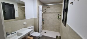 Chuveiro, secador de cabelo, toalhas de banho, sabonete