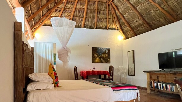 A bedroom with a thatched roof, a bed, a bedside table, a chair, a TV, and a bookshelf. - Complimentary 1 hr Massage in our Traditional Open-Air Palapa w/ Private Pool (Sayulita)
