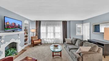 Smart TV, fireplace, books