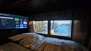 Una cama con vista a un río y árboles, un televisor mostrando la interfaz de Roku, y una ventana con vistas al exterior.