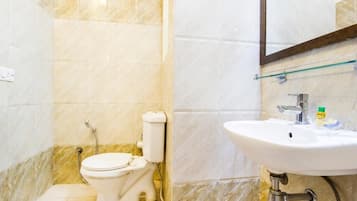 Hair dryer, towels, soap, shampoo