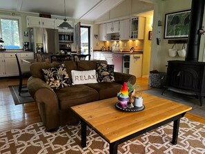 Smart TV, fireplace, video games, DVD player