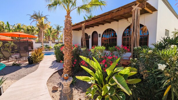 A patio area with a pool, surrounded by tropical plants and a wooden pergola.