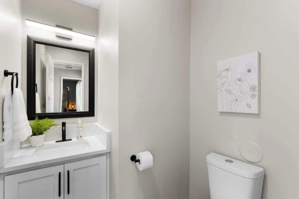 A bathroom with a white sink, a mirror, a toilet, and a wall-mounted toilet paper holder.