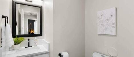 A bathroom with a white sink, a mirror, a toilet, and a wall-mounted toilet paper holder.