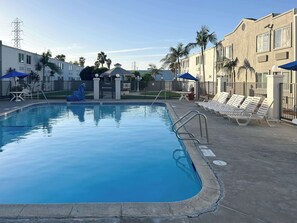 Piscina con sillones de playa y sombrillas, rodeada de edificios y palmeras.