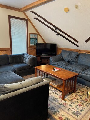 Smart TV, fireplace, DVD player, books