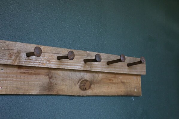 A wooden board with five metal hooks against a teal wall. - Millers' Misfit Farm (Prineville)