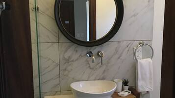 Hair dryer, towels, soap, toilet paper