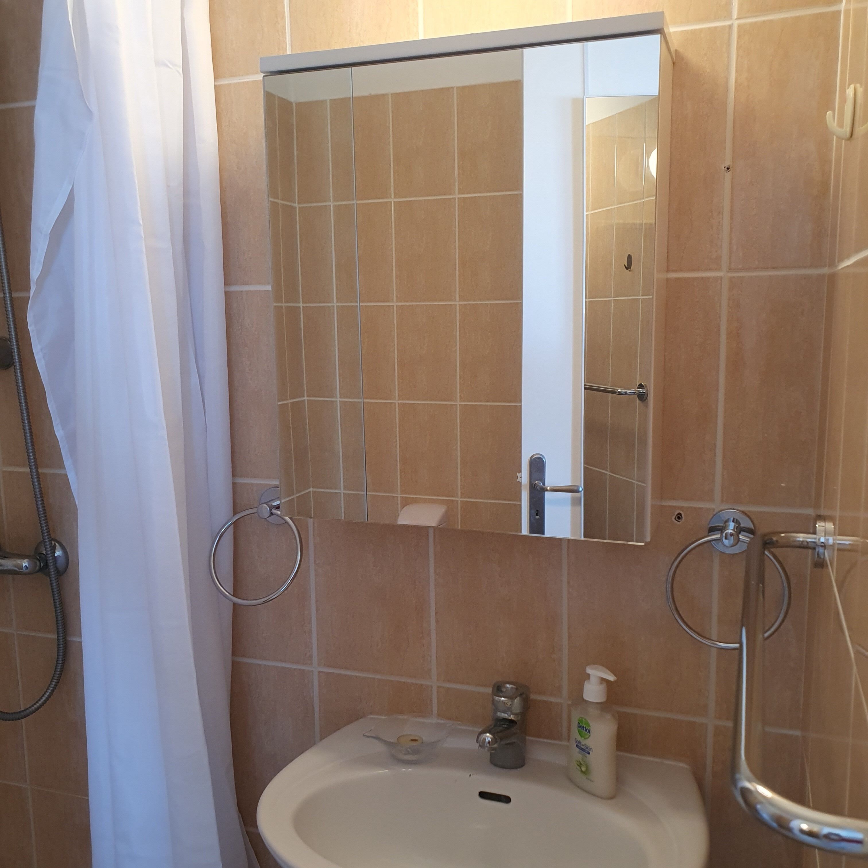 Ein Badezimmer mit Waschbecken, Spiegel und Handtuchhaltern.