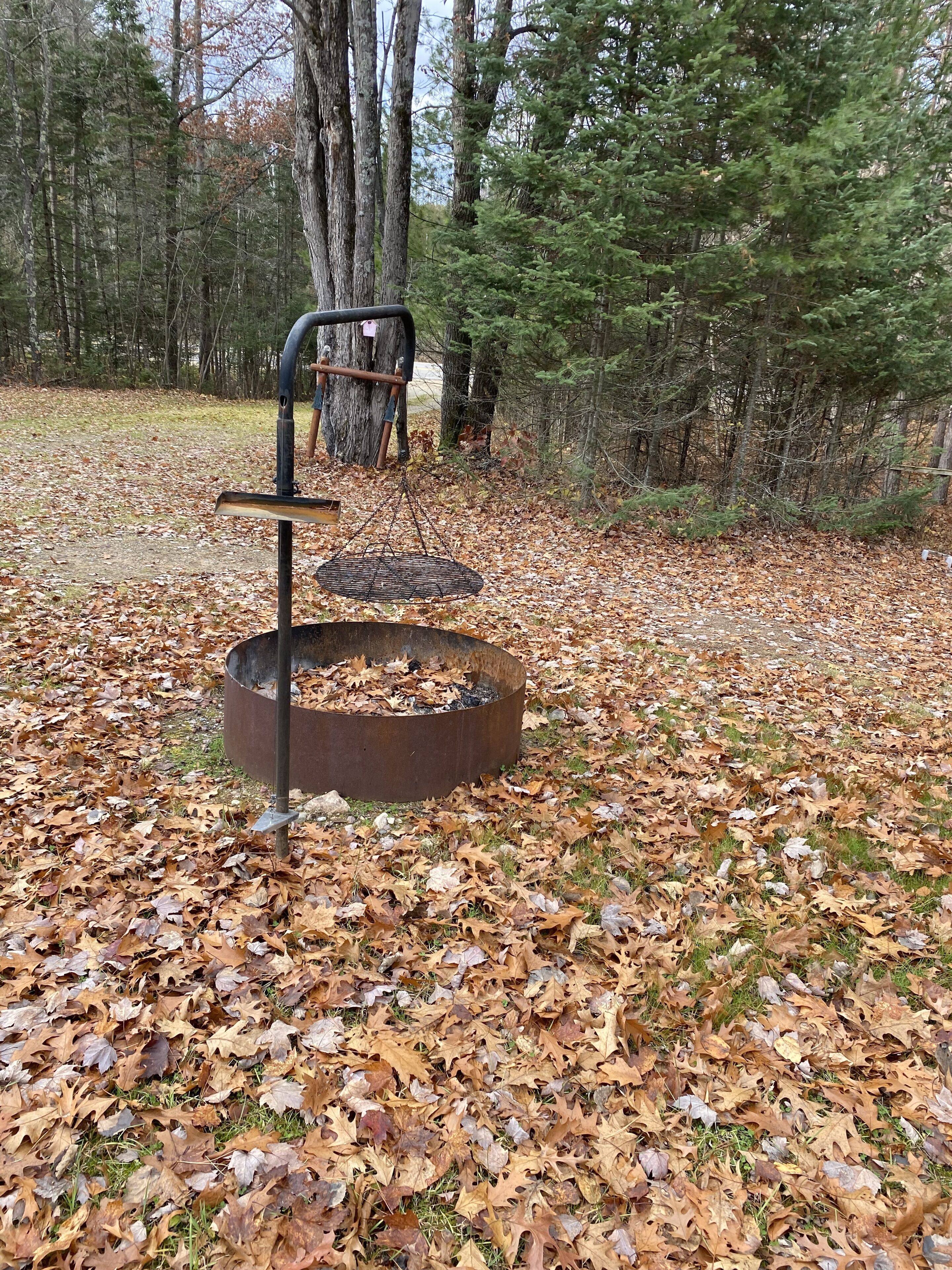 En eldstad av metall, omgiven av torra löv, i ett skogsområde.