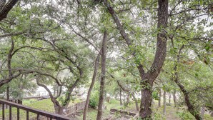 A wooden deck with a metal railing overlooking a wooded area with trees and a grassy path. - Lake Brownwood Home w/ Private Boat Dock! (Brownwood)