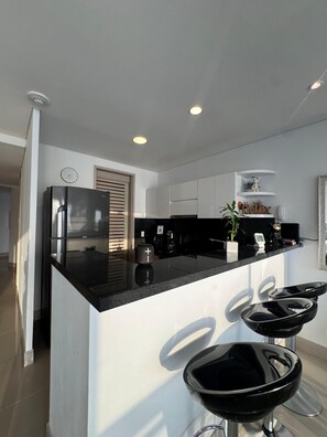 Fridge, microwave, oven, stovetop