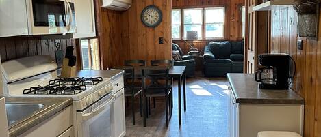 Fridge, microwave, toaster, cookware/dishes/utensils