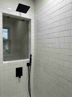 Shower, towels, soap, shampoo