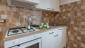 Une cuisine équipée d’une cuisinière à gaz, d’une machine à café, d’un évier et d’un plan de travail carrelé.