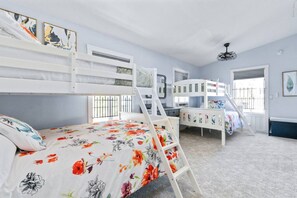4 bedrooms, desk, iron/ironing board, travel cot