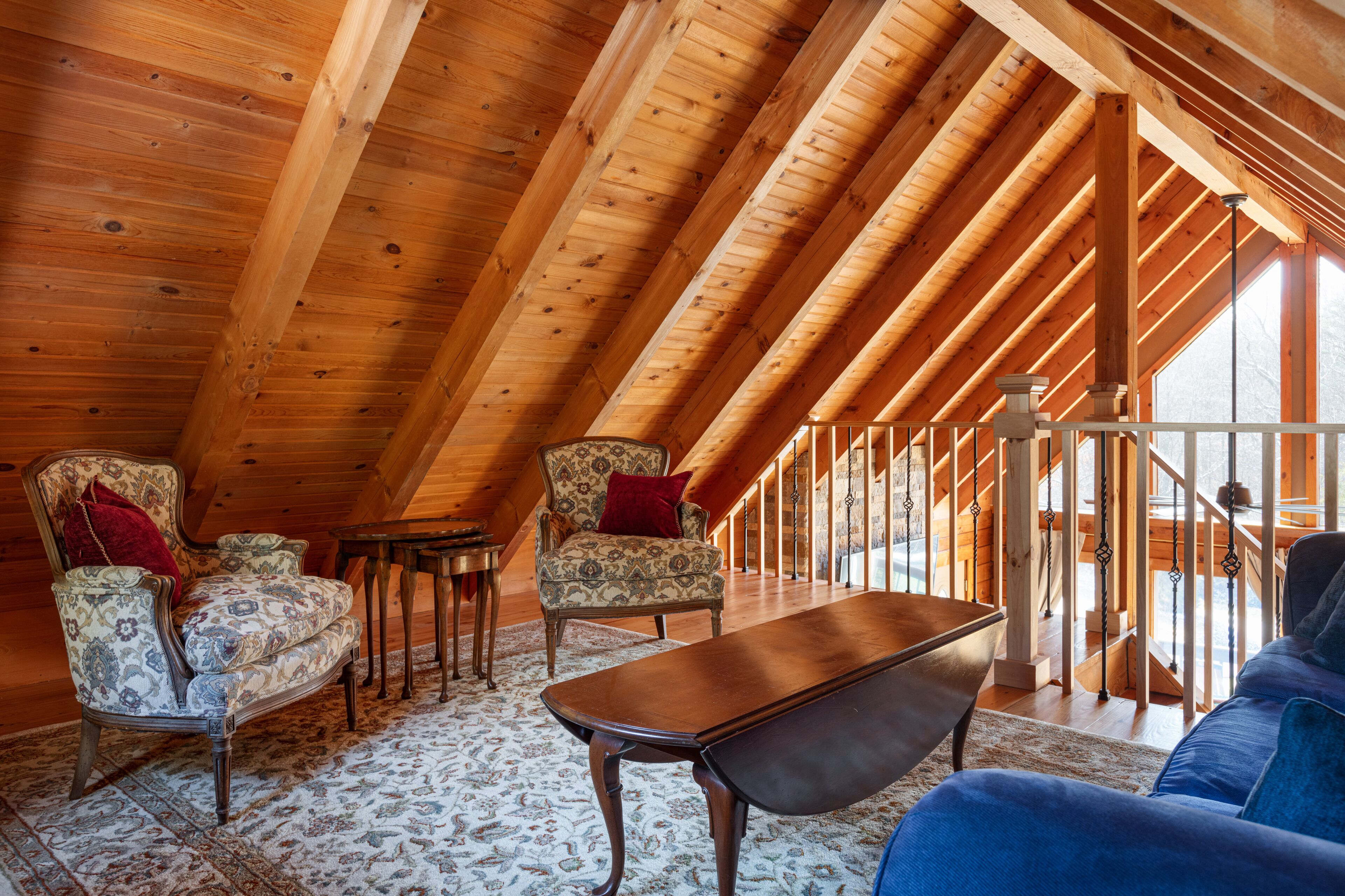 Smart TV, fireplace, books, music library