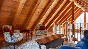 Smart TV, fireplace, books, music library