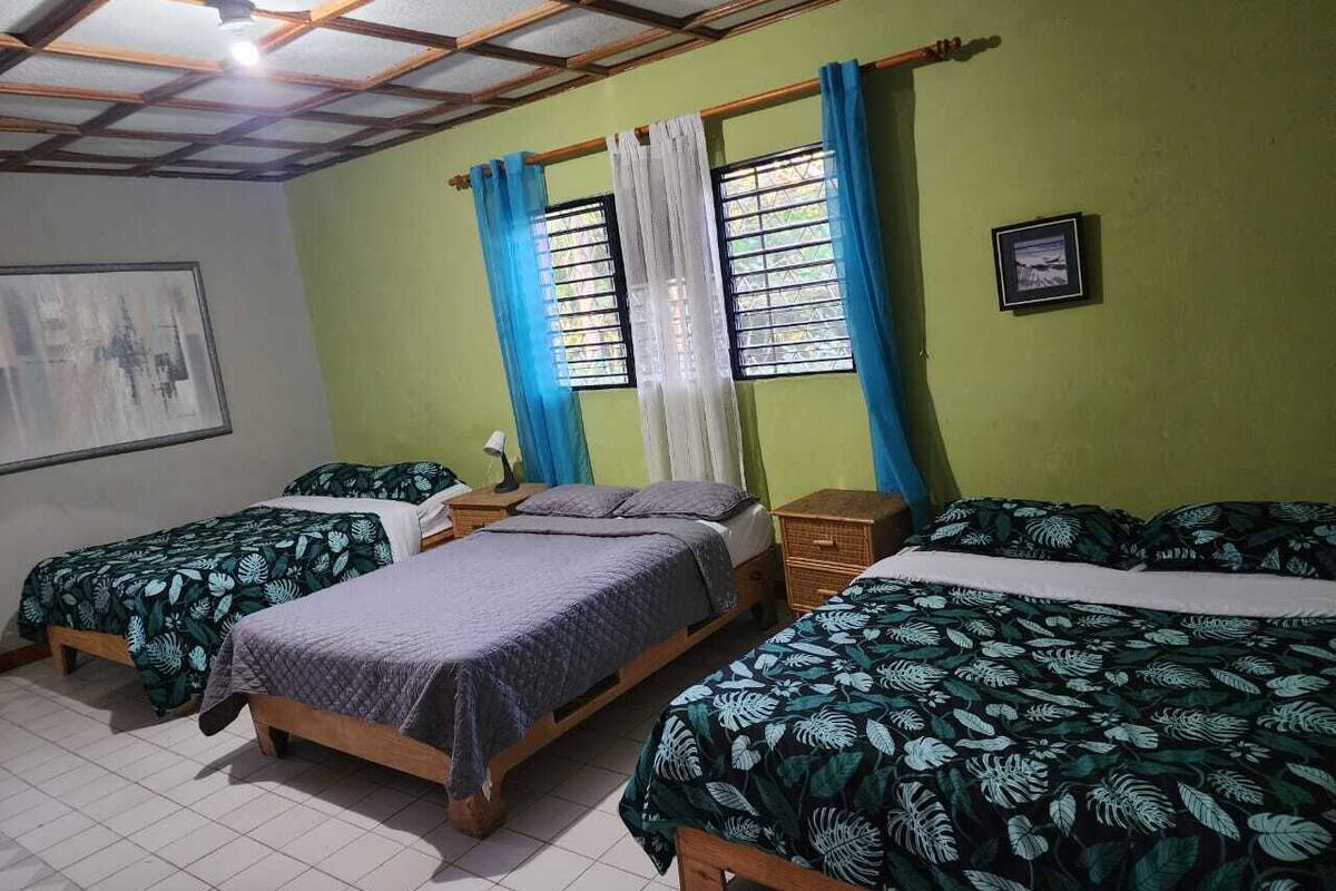 Ein Zimmer mit drei Einzelbetten, jeweils mit einem gemusterten Bettbezug, einem Holz-Kopfteil und einem Nachttisch mit Lampe. Das Zimmer hat eine grüne Wand, einen Deckenventilator und ein Fenster mit blauen Vorhängen.