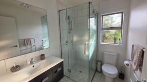 Dusche, Haartrockner, Handtücher, Seife