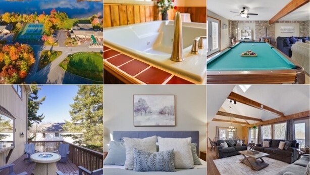 A pool, a bedroom with a bed and pillows, a living room with a sofa and a coffee table, and a view of a lake and trees. - Welcome to our Pocono Cottage (Tobyhanna)