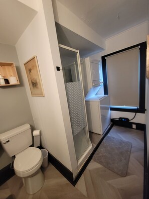 Regadera, secadora de cabello, toallas, jabón