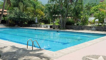 Una piscina con agua cristalina azul, rodeada de palmeras y un muro de piedra.