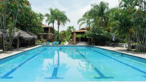A swimming pool with clear blue water, surrounded by palm trees and lounge chairs. - La Joya del Lago (Chapala)