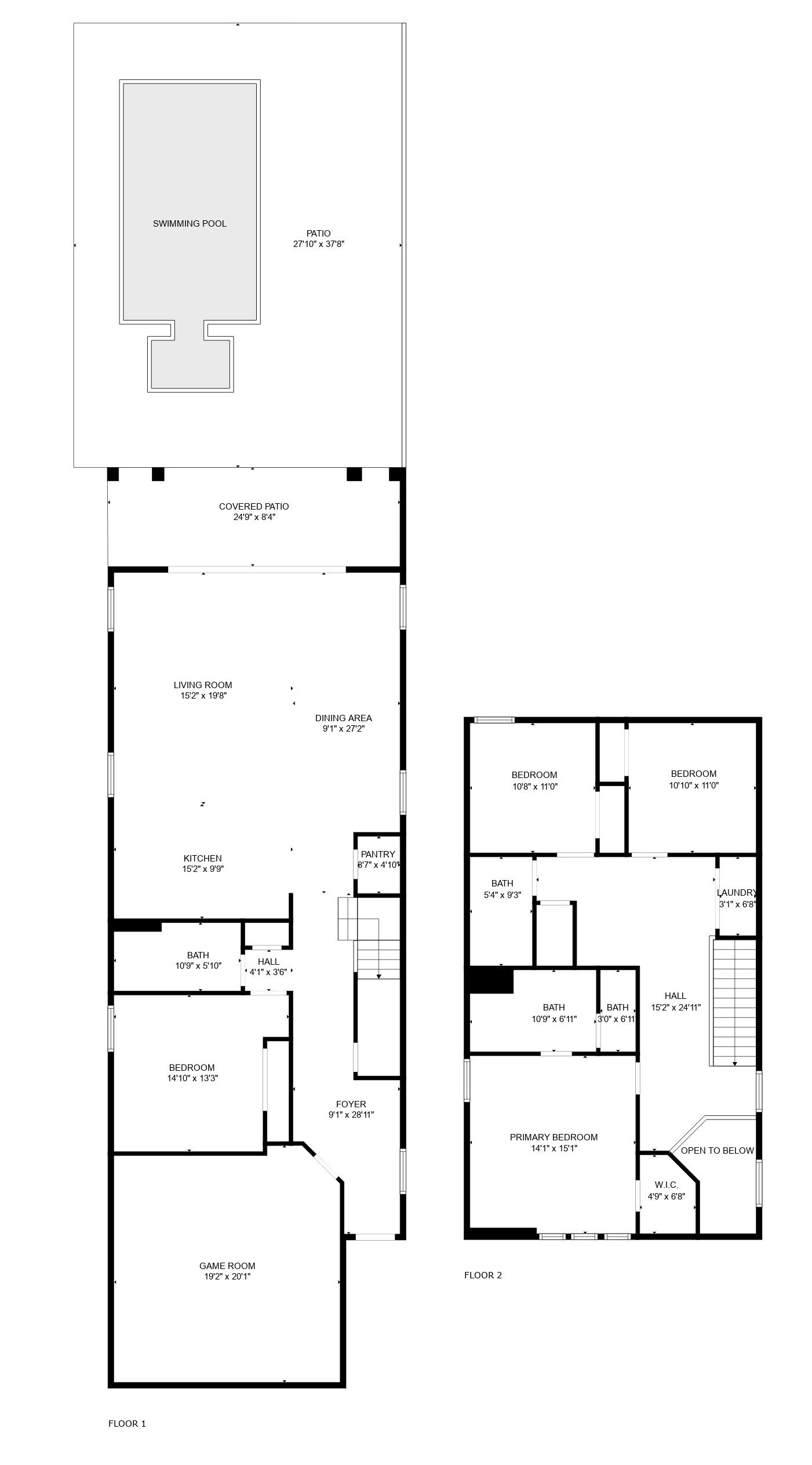 Plan d’étage d’une maison comprenant une piscine, un patio couvert, un salon, un coin repas, une cuisine, une salle de bain, un couloir, un hall d’entrée, une chambre principale, une salle de jeux et des toilettes.