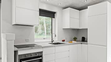 Fridge, stovetop, dishwasher, coffee/tea maker