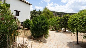 Um edifício branco com um caminho de pedra que leva a um jardim com diversas plantas e árvores.