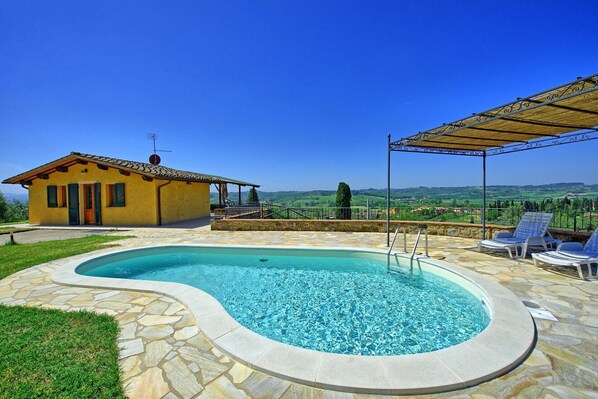 Relax in a serene pool area surrounded by a well-maintained lawn and a covered seating area.