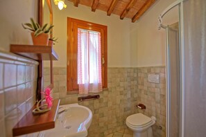 Bathroom features a sink, toilet, and shower area with a glass door.