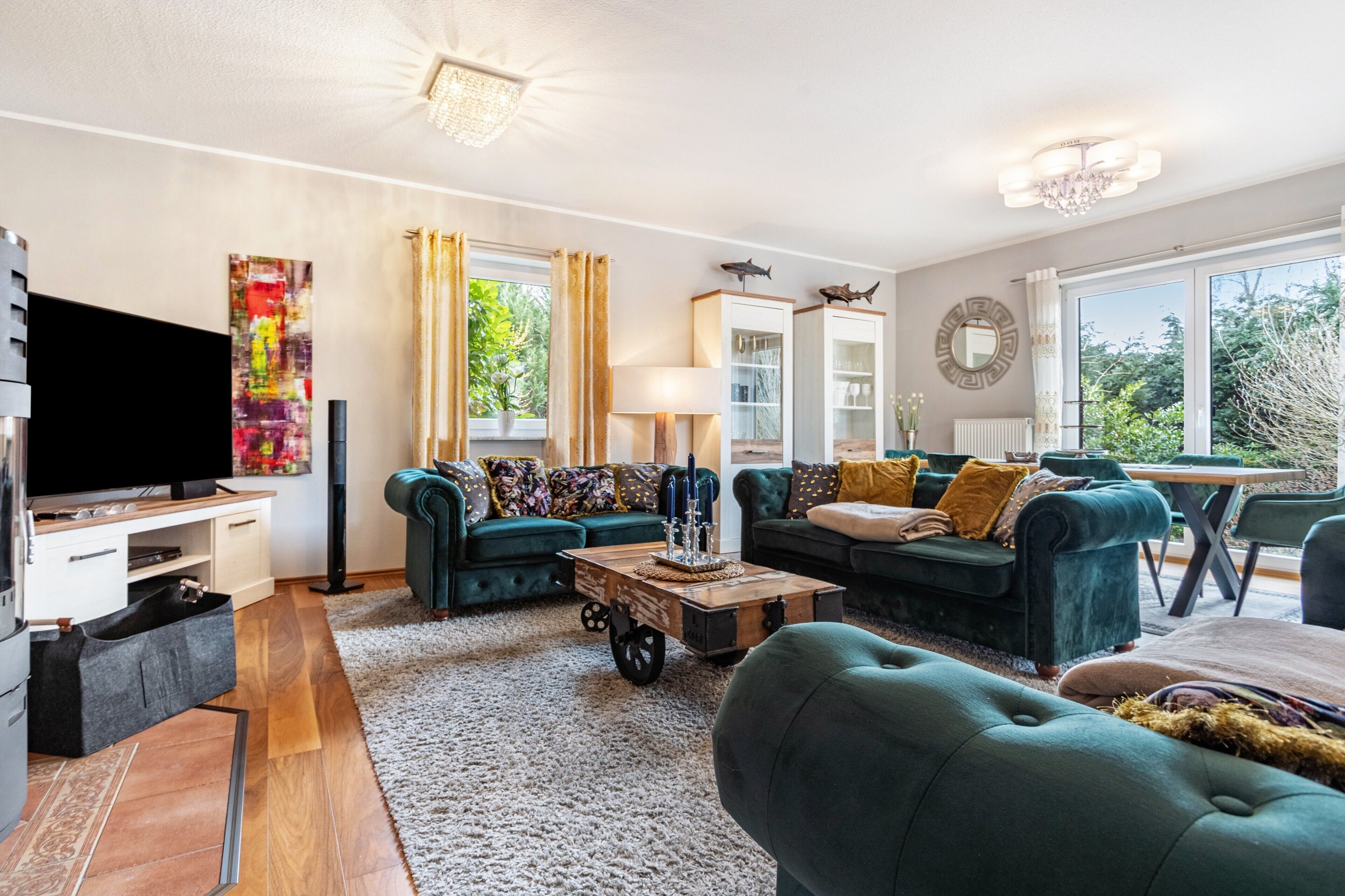 TV, fireplace, video games, DVD player