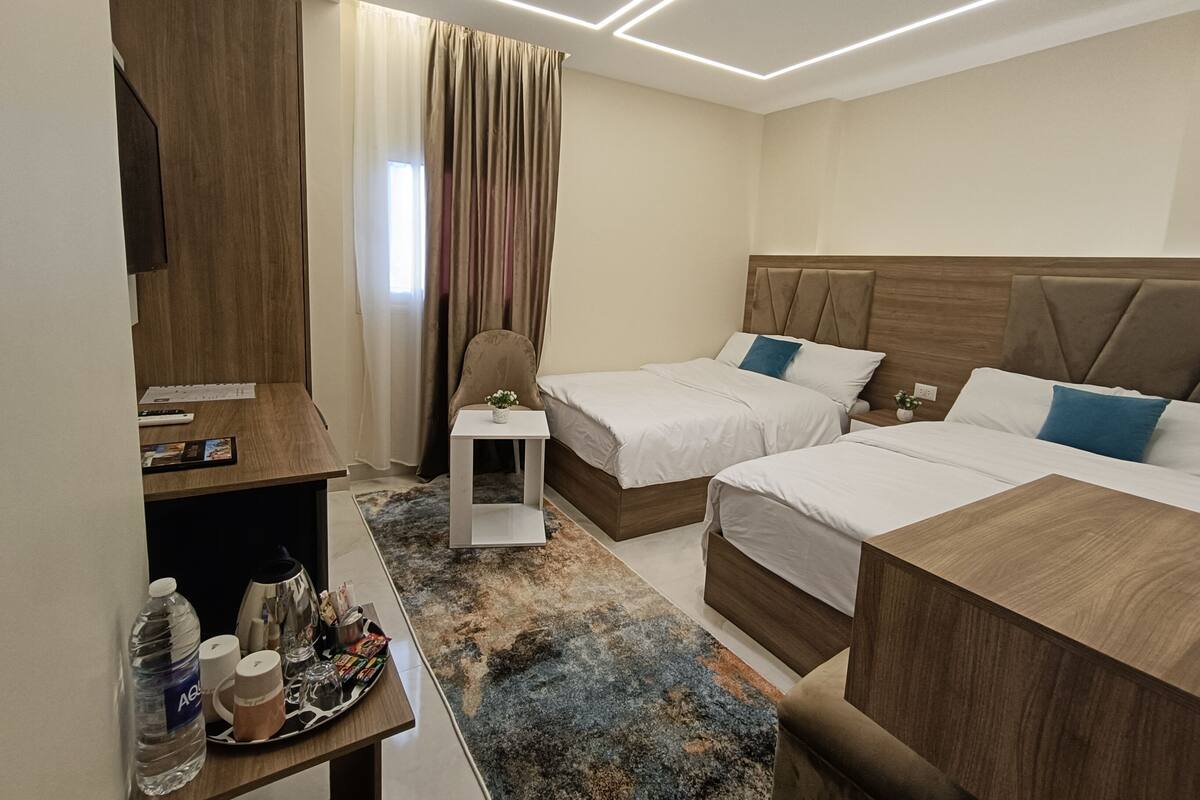 A modern hotel room with two beds, a desk with a chair, a TV, and a small table with a plant.