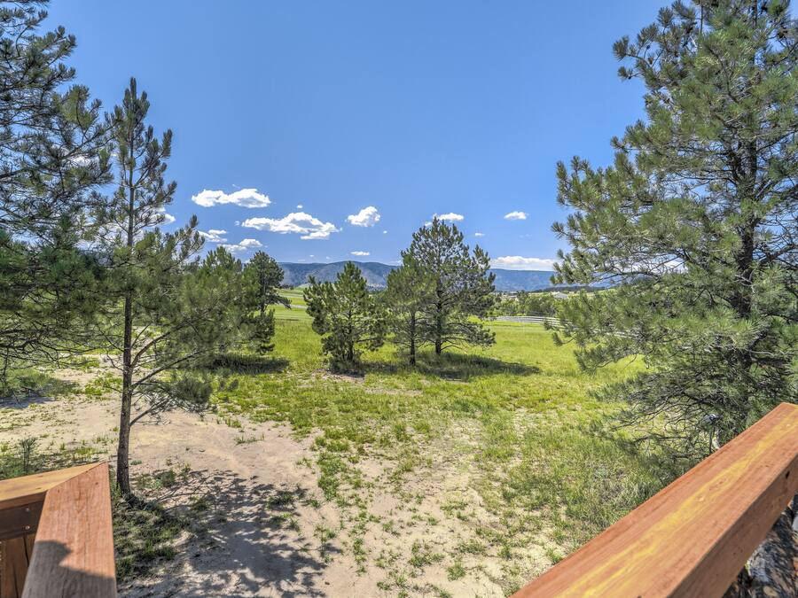 A wooden deck overlooking a grassy area with trees and a clear blue sky.