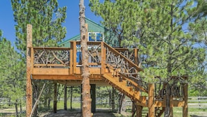 A wooden treehouse with a staircase, surrounded by pine trees. - Tree Eagles Nest (Larkspur)