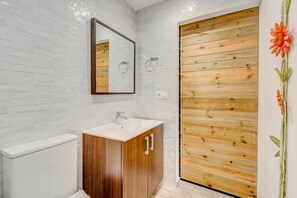 Hair dryer, towels, soap, toilet paper