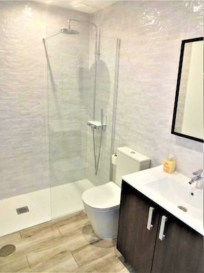 Hair dryer, towels, soap, toilet paper