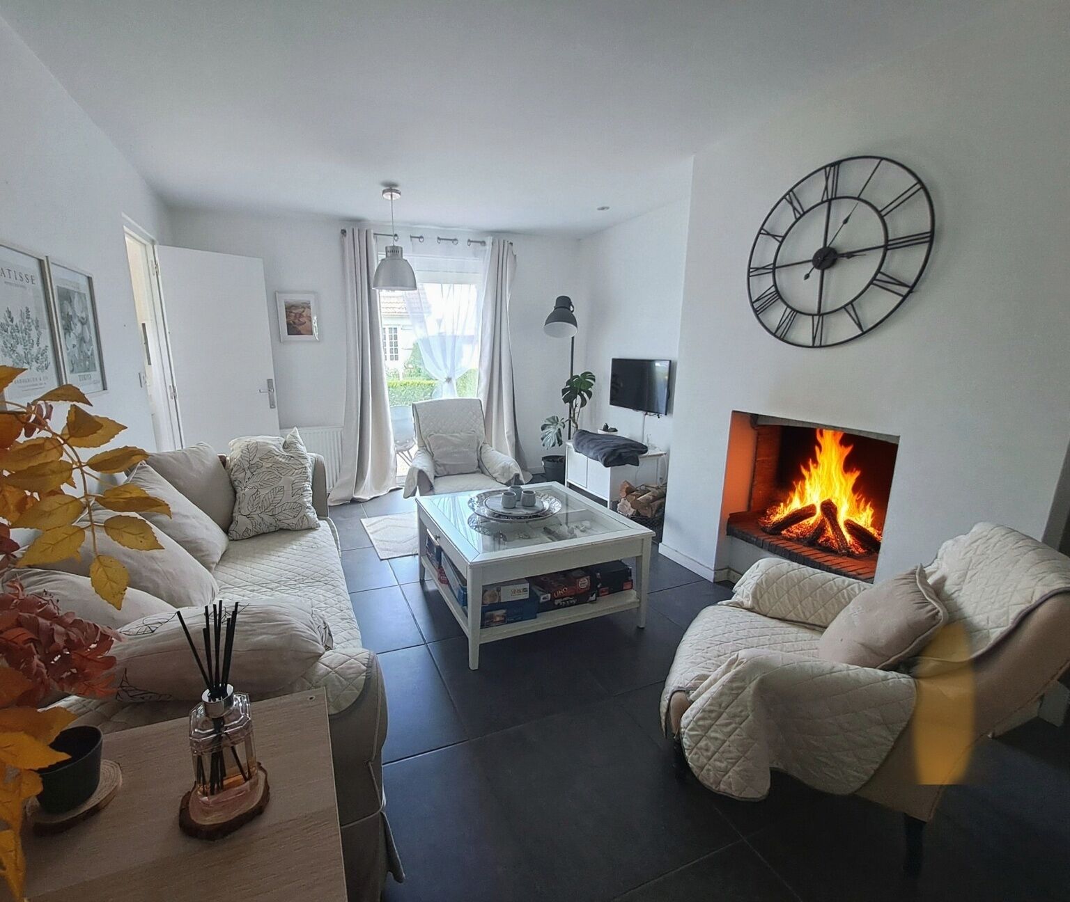 Télévision, cheminée, livres