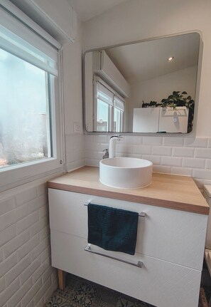 Chuveiro, secador de cabelo, toalhas de banho, papel higiênico