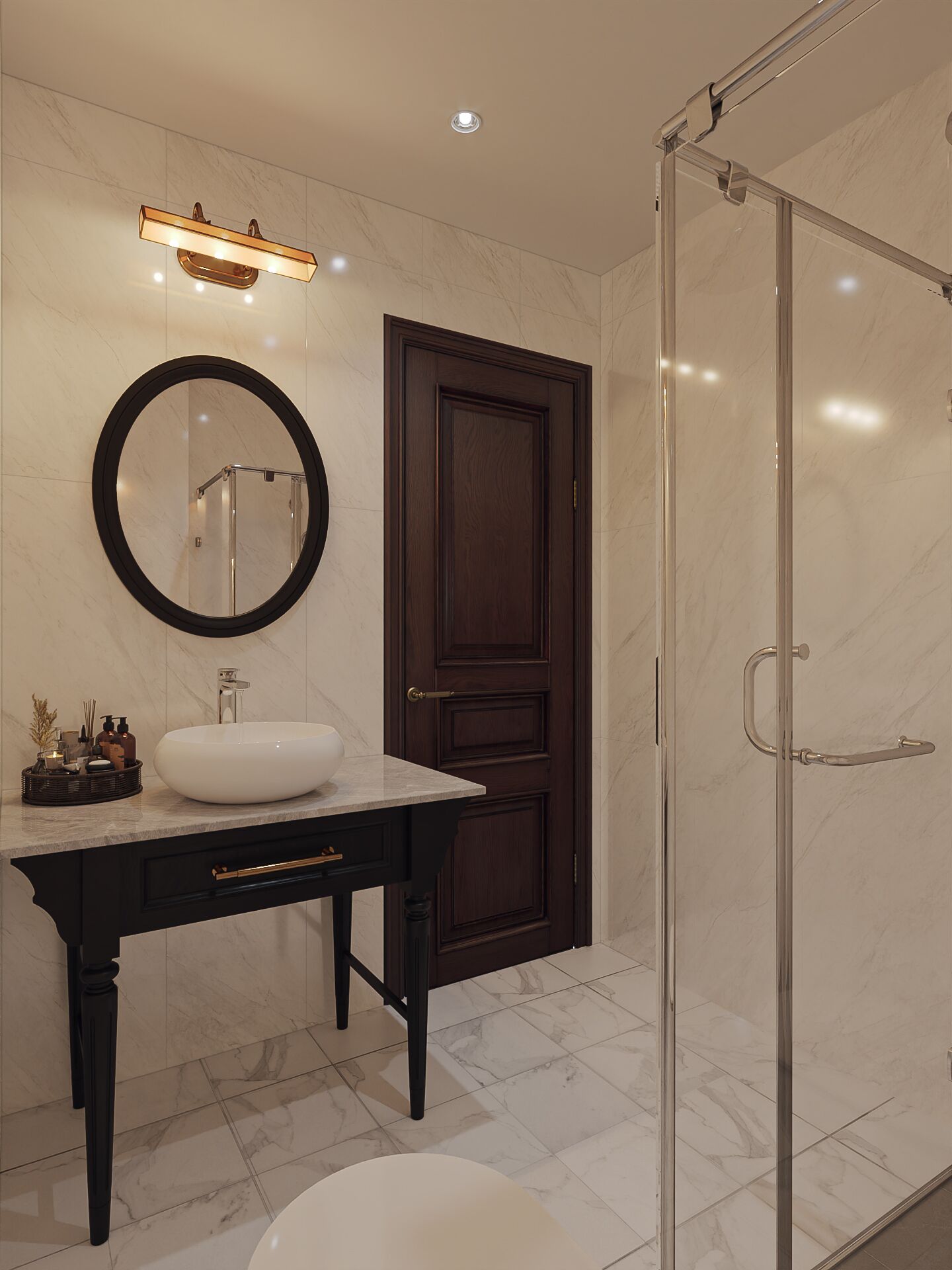 A bathroom with a round mirror, a white sink, a dark wooden door, and a glass shower enclosure.