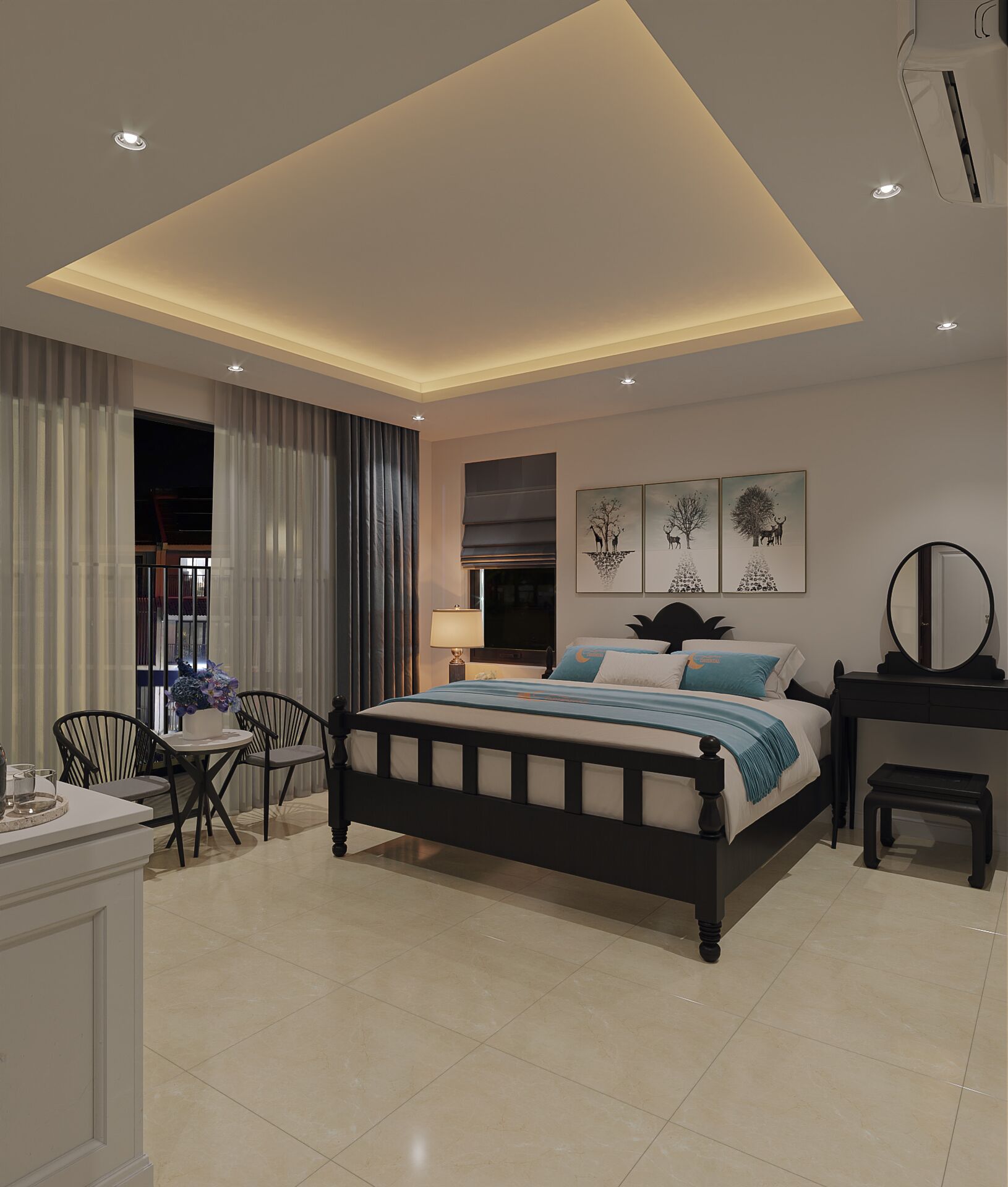A modern hotel bedroom with a large bed, a desk, chairs, and artwork on the walls.