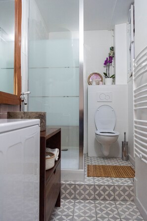 Shower, hair dryer, towels, soap