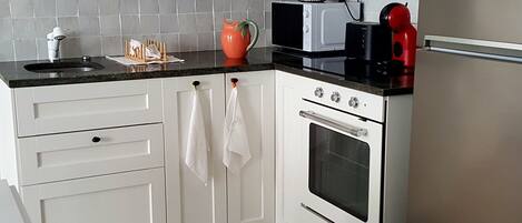 Frigorífico, microondas, horno y placa de cocina