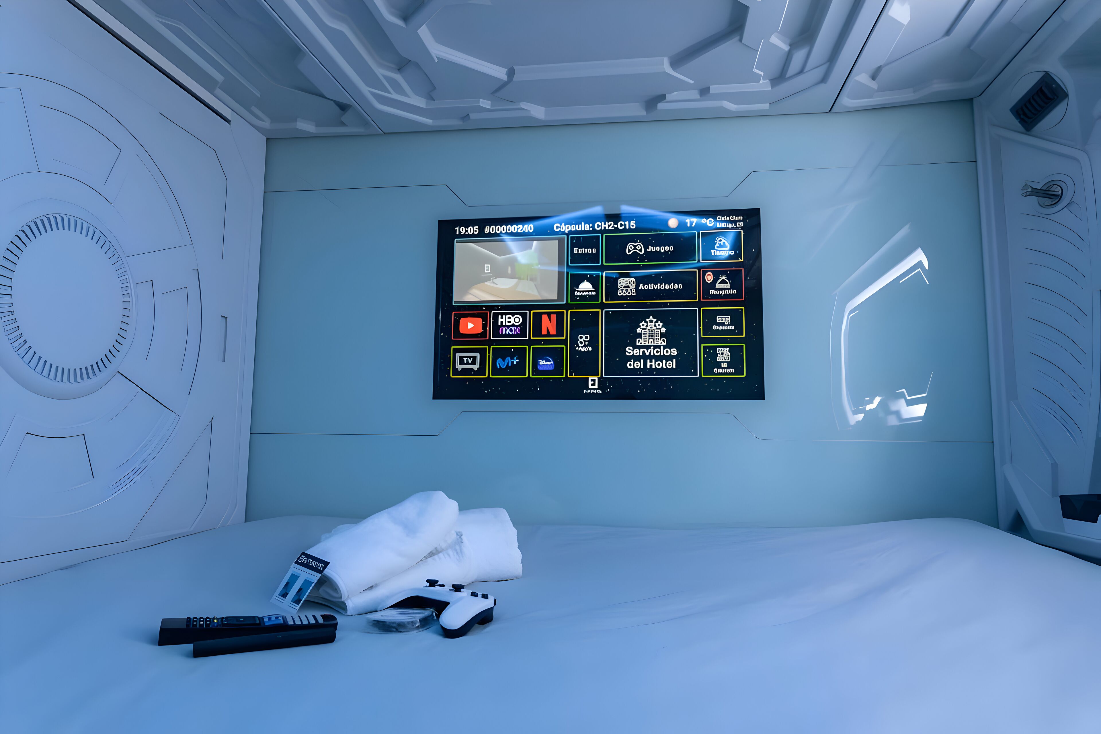 Una habitación futurista con una gran pantalla digital en la pared, una cama bien hecha y un control remoto en el suelo.