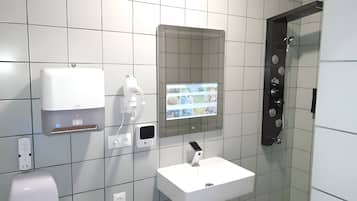 Shower, hydromassage showerhead, designer toiletries, hair dryer